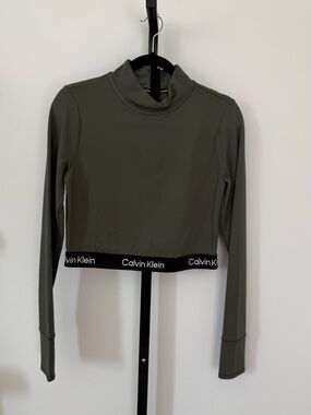 Calvin Klein Olive Cropped Mock Neck Long Sleeve Top with Branded Hem